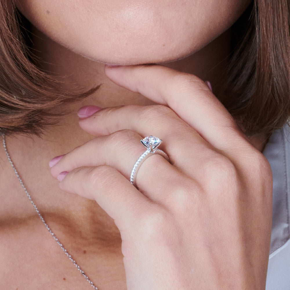 Model Wearing Petite French Set Diamond Engagement Ring view