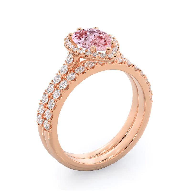 Pear Cut Fancy Pink Pear Pave Halo Diamond Engagement Ring with Lab Grown Diamond in 14KT Rose Gold view 3
