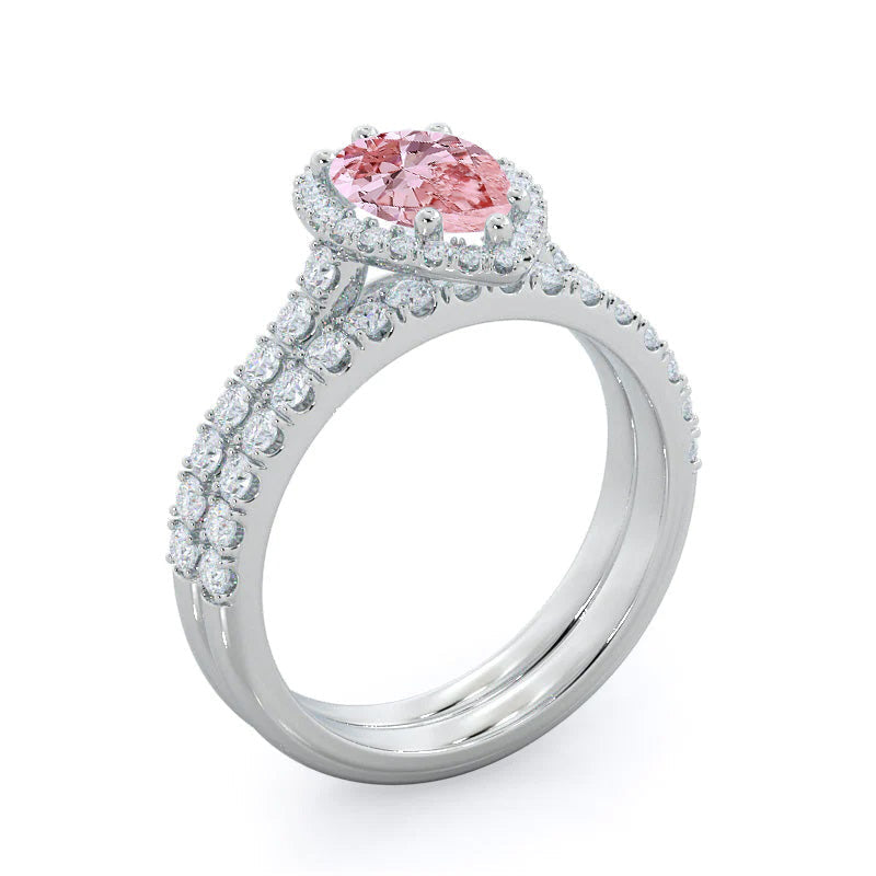 Pear Cut Fancy Pink Pear Pave Halo Diamond Engagement Ring with Lab Grown Diamond in 14KT Platinum view 3
