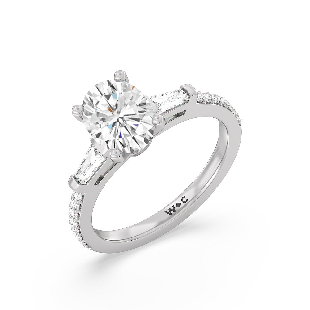 1 3/4 cttw Oval Cut Three Stone Tapered Baguette Diamond Engagement Ring with 1 3/4 Cut Diamond in 14KT Oval view 3

