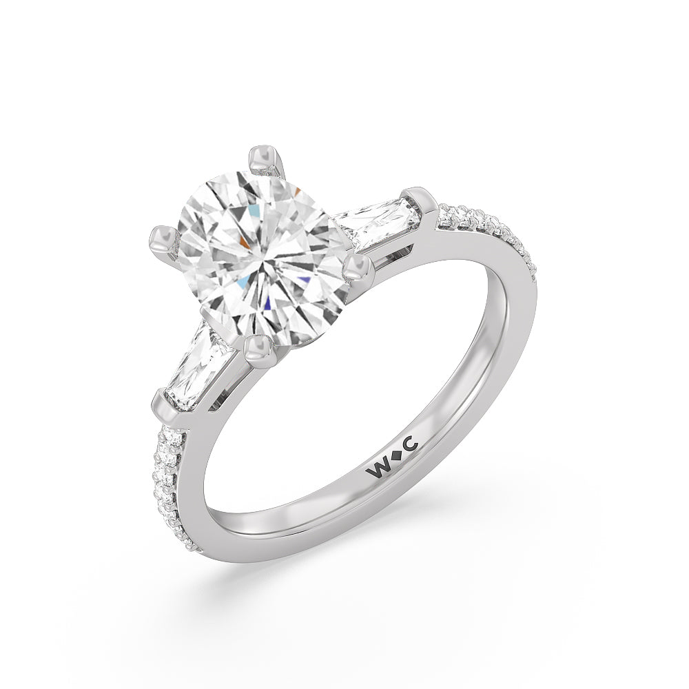 2 1/3 cttw Oval Cut Three Stone Tapered Baguette Diamond Engagement Ring with 2 1/3 Cut Diamond in 14KT Oval view 3

