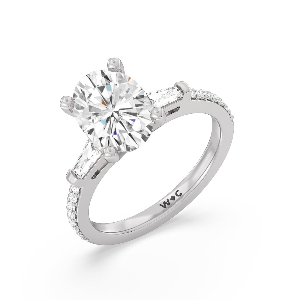 2 3/4 cttw Oval Cut Three Stone Tapered Baguette Diamond Engagement Ring with 2 3/4 Cut Diamond in 14KT Oval view 3

