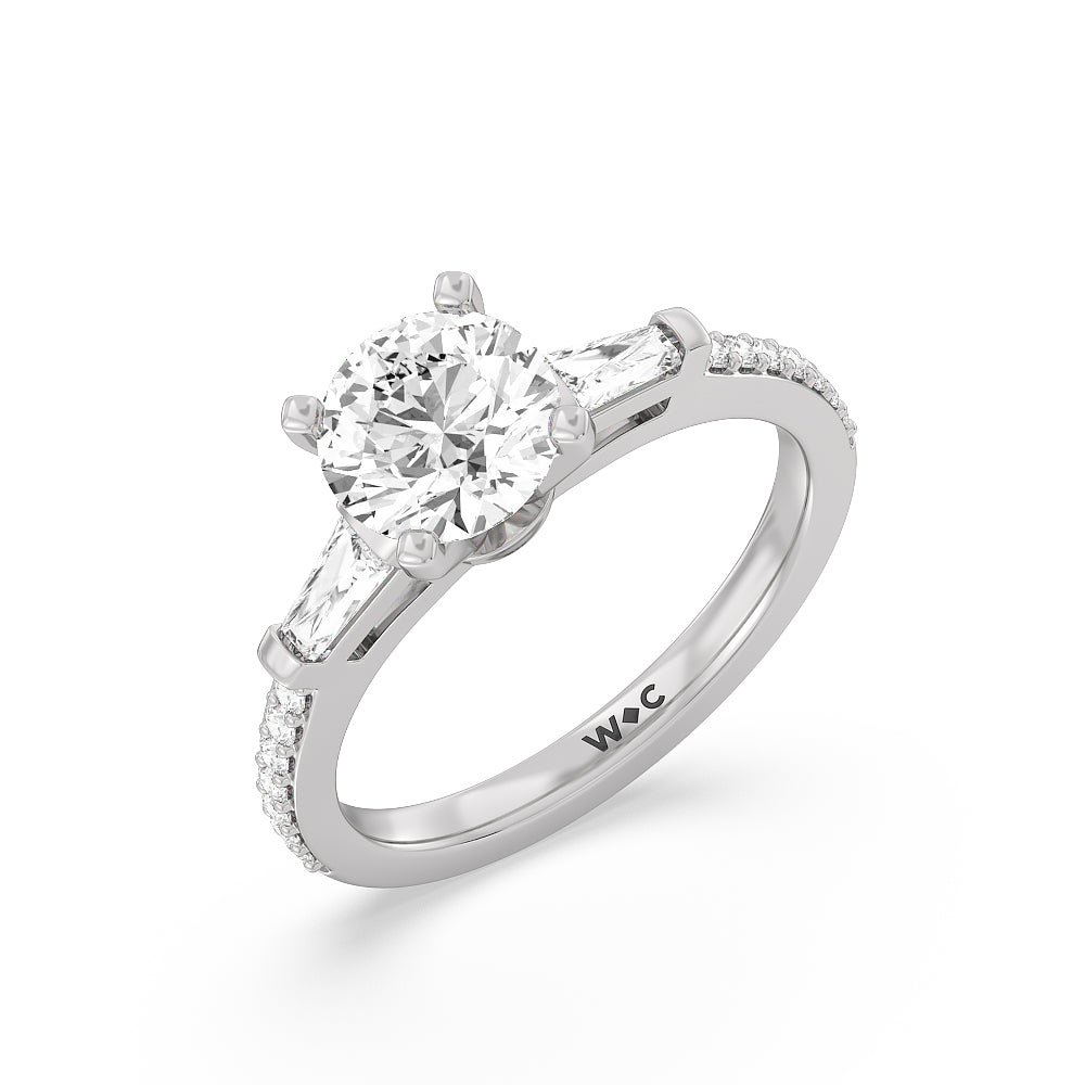 1 3/4 cttw Round Cut Three Stone Tapered Baguette Diamond Engagement Ring with 1 3/4 Cut Diamond in 14KT Round view 3
