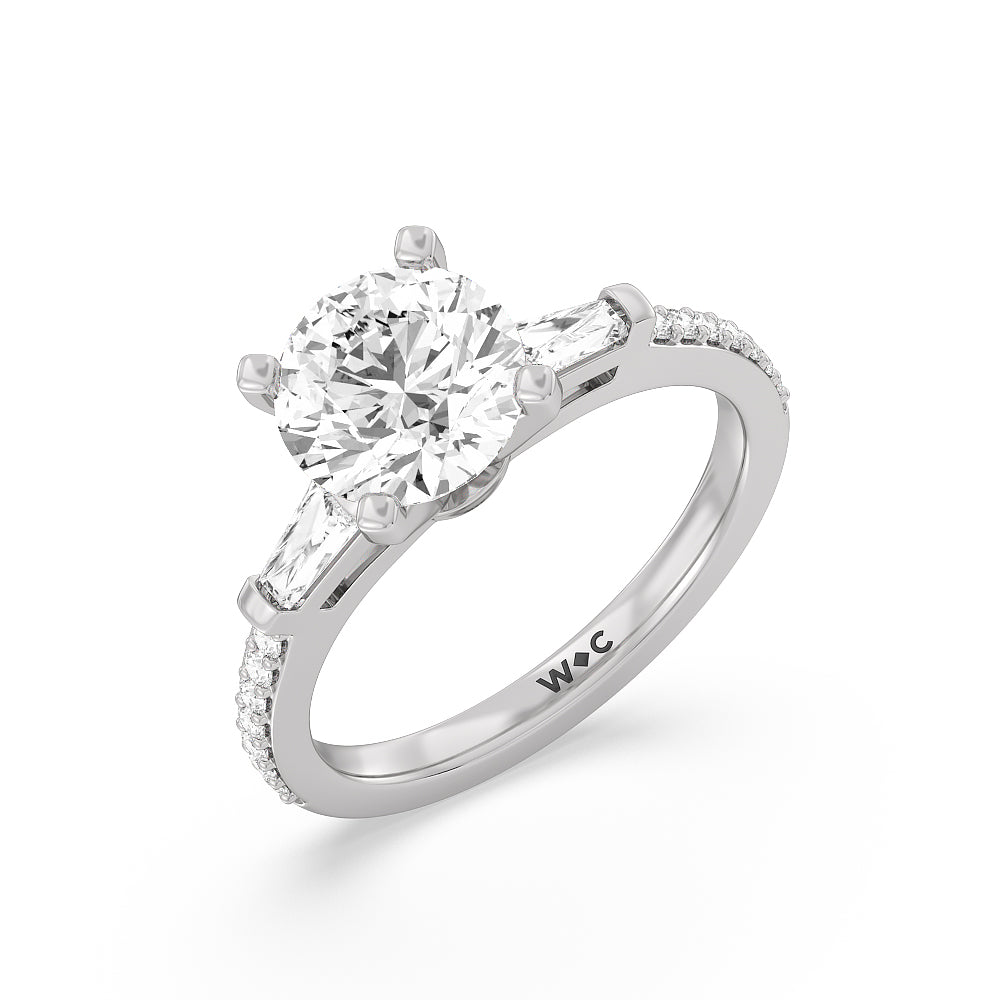 2 1/3 cttw Round Cut Three Stone Tapered Baguette Diamond Engagement Ring with 2 1/3 Cut Diamond in 14KT Round view 3
