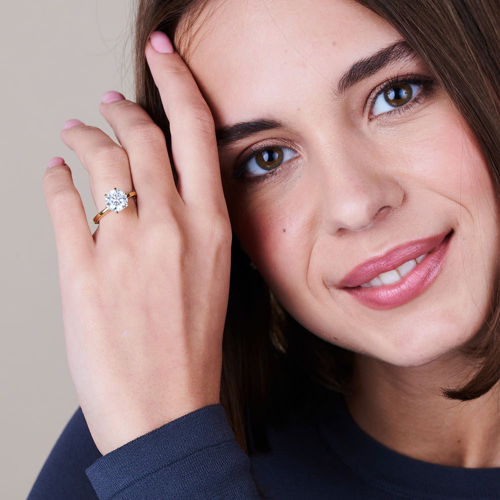 Model Wearing 6 Claw Hidden Halo Engagement Ring with Lab Grown Diamond view