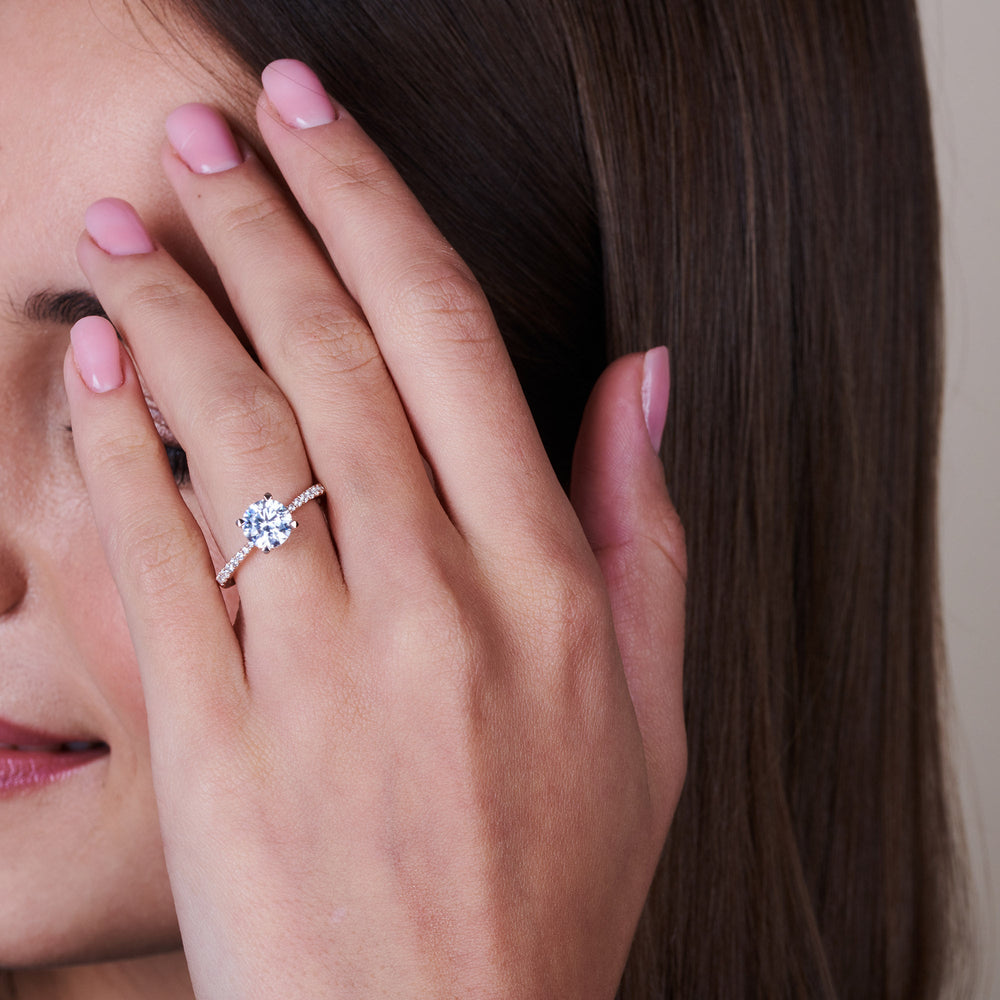 Model Wearing Pave Diamond Hidden Halo Engagement Ring with Lab Grown Diamond view