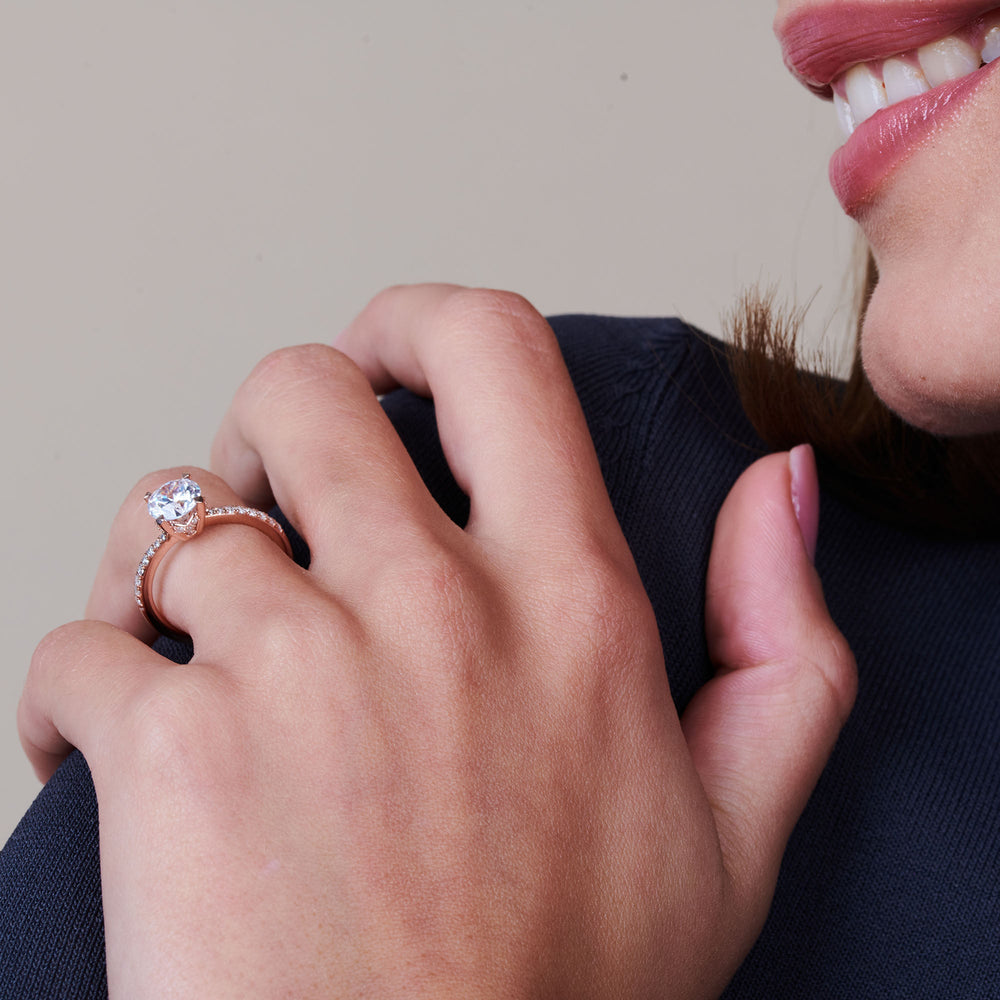 Model Wearing Pave Diamond Hidden Halo Engagement Ring with Lab Grown Diamond view