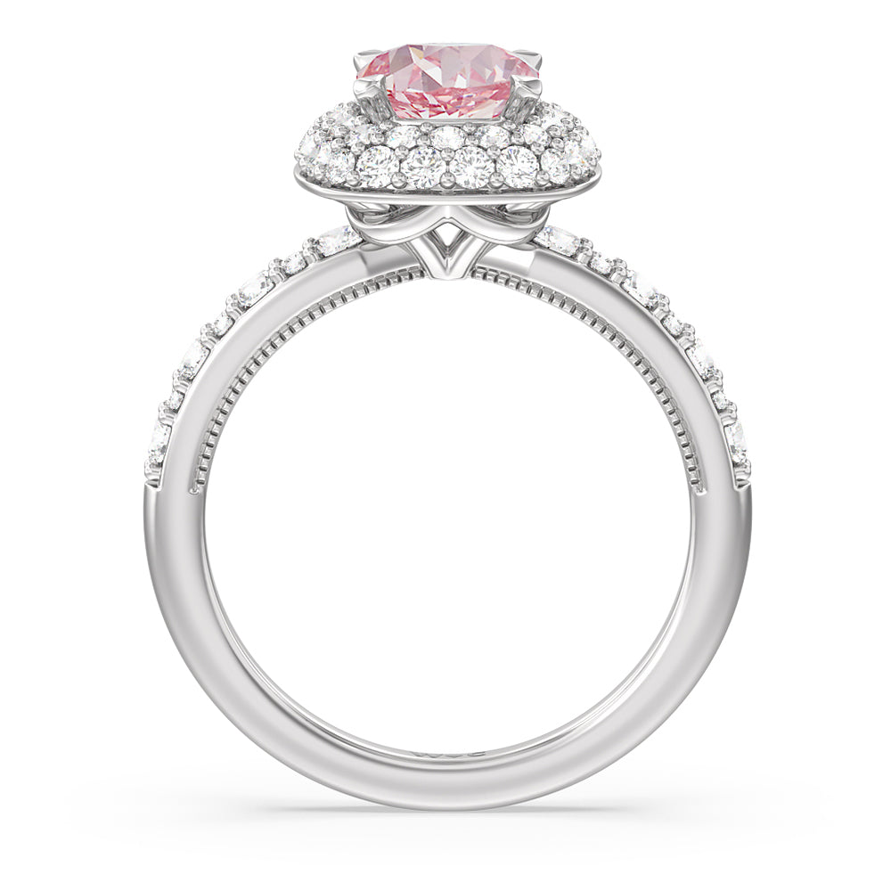 Cushion Cut Fancy Pink Falling Edge Halo Engagement Ring with Lab Grown Diamond in 14KT Platinum view 2
