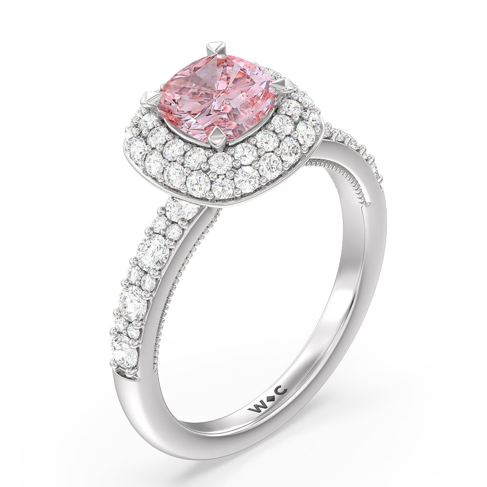 Cushion Cut Fancy Pink Falling Edge Halo Engagement Ring with Lab Grown Diamond in 14KT Platinum view 3
