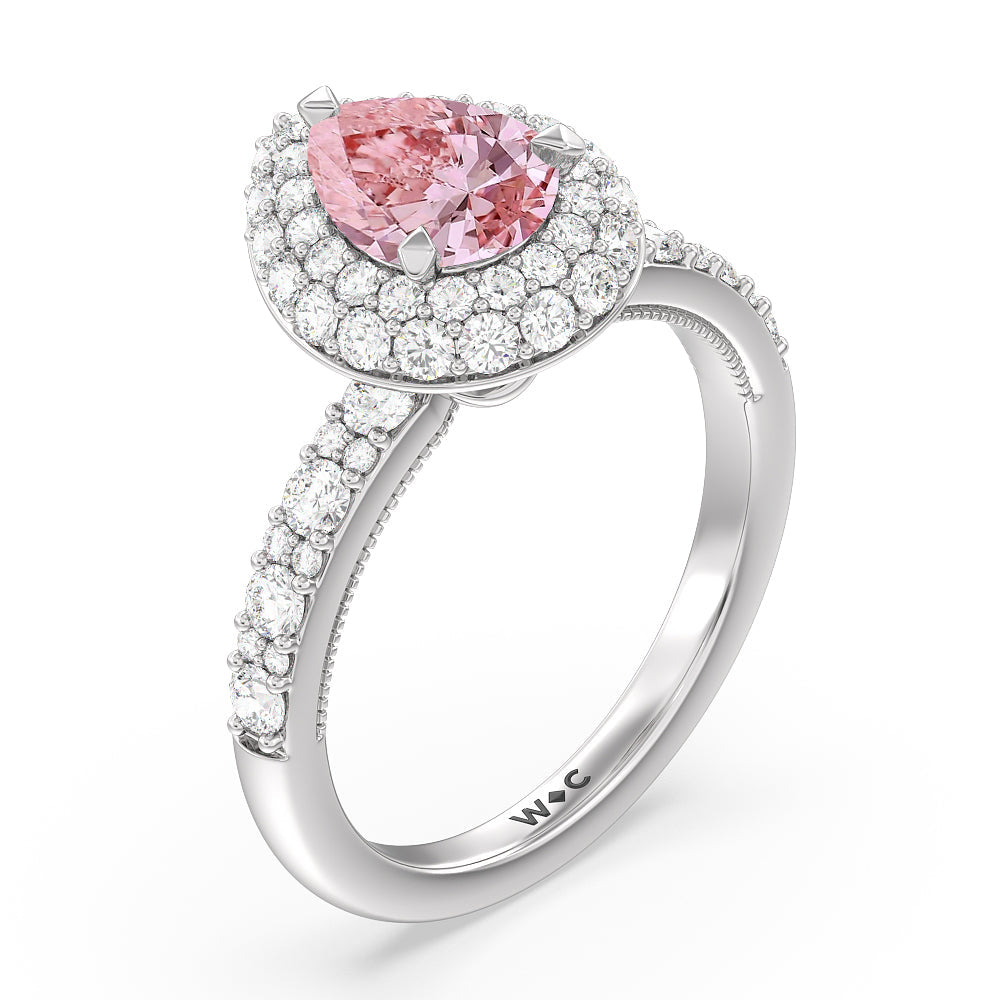 Pear Cut Fancy Pink Falling Edge Halo Engagement Ring with Lab Grown Diamond in 14KT Platinum view 3

