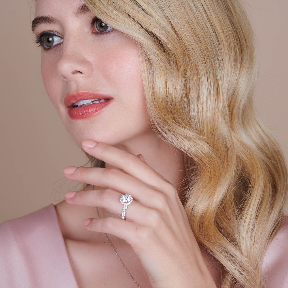Model Wearing Twisted Vine Halo Engagement Ring view