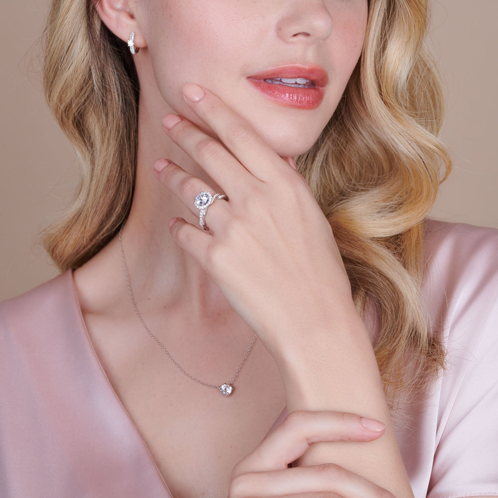 Model Wearing Twisted Vine Halo Engagement Ring view