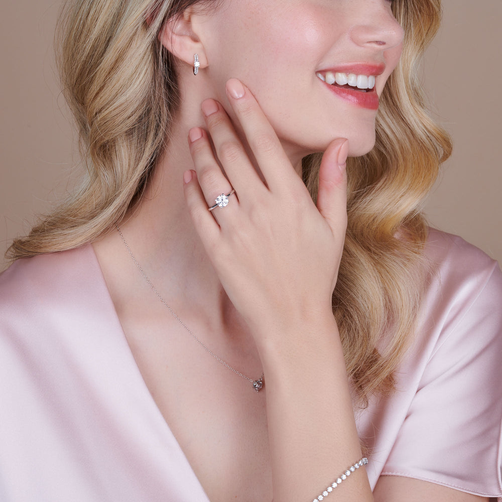 Model Wearing Fine Line Hidden Halo Engagement Ring view