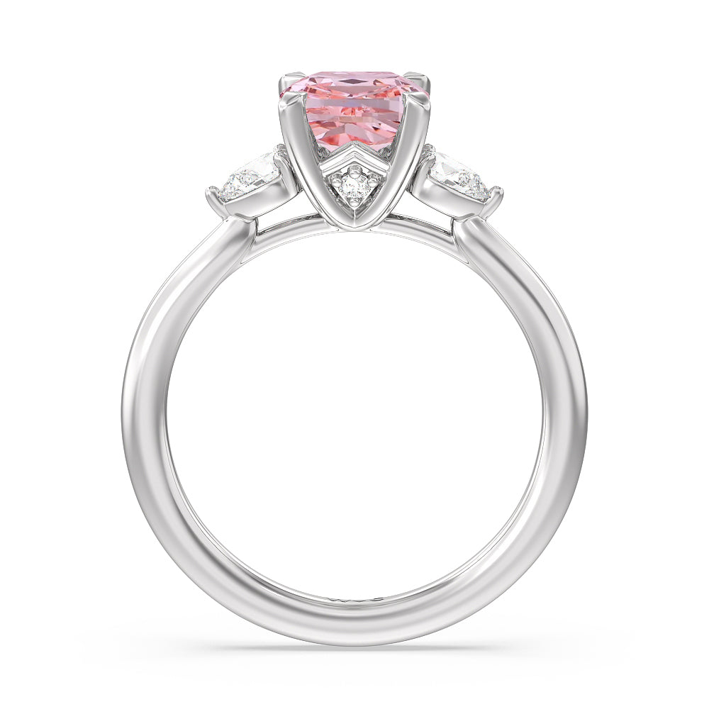 Cushion Cut Fancy Pink Fine Line 3 Stone Pear Engagement Ring with Lab Grown Diamond in 14KT Platinum view 2
