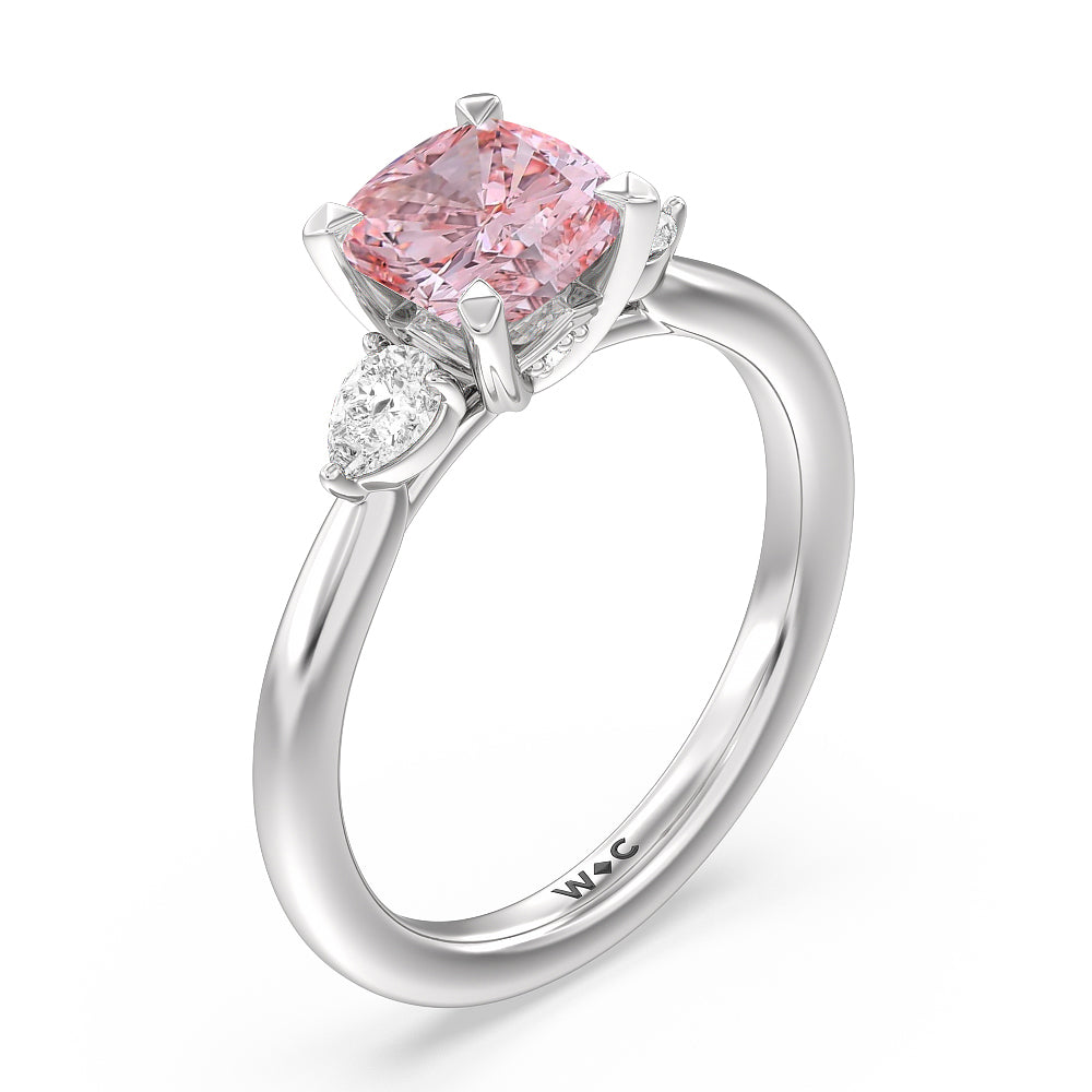 Cushion Cut Fancy Pink Fine Line 3 Stone Pear Engagement Ring with Lab Grown Diamond in 14KT Platinum view 3

