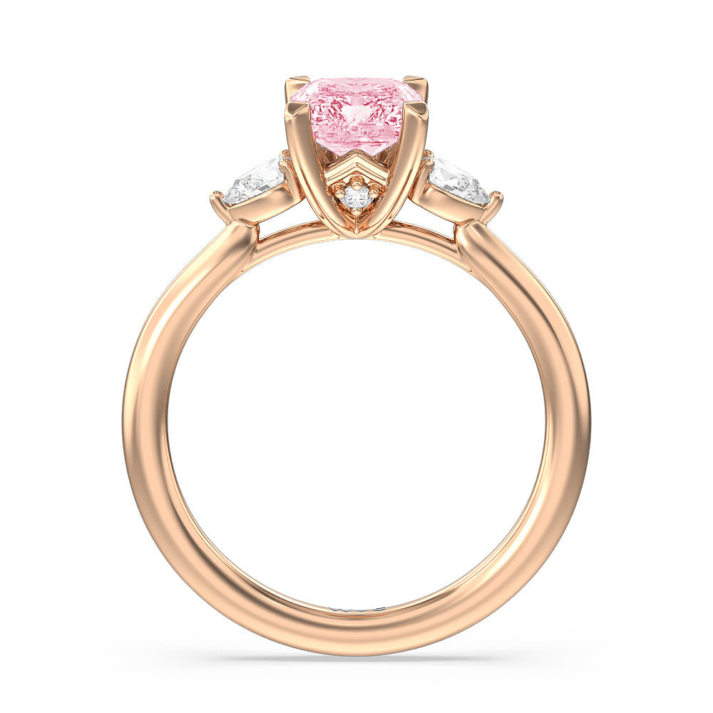 Radiant Cut Fancy Pink Fine Line 3 Stone Pear Engagement Ring with Lab Grown Diamond in 14KT Rose Gold view 2
