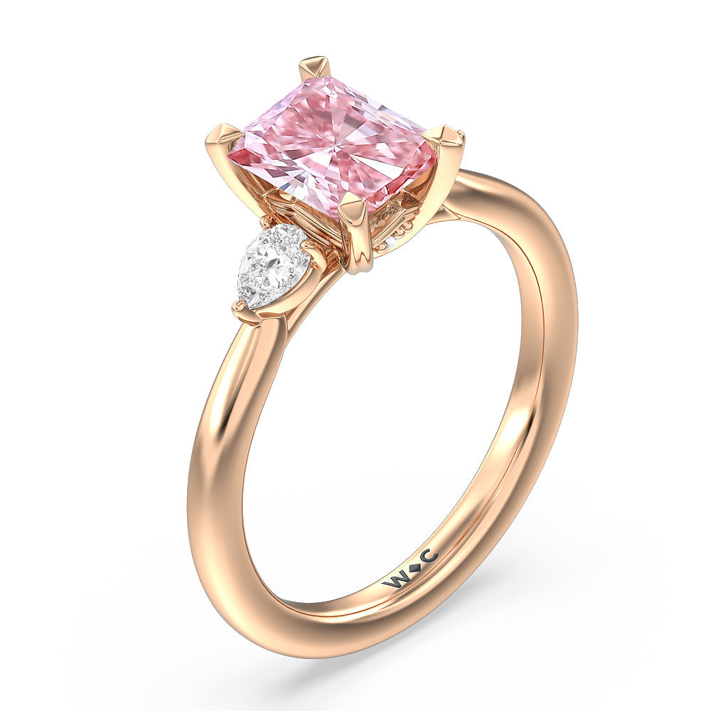 Radiant Cut Fancy Pink Fine Line 3 Stone Pear Engagement Ring with Lab Grown Diamond in 14KT Rose Gold view 3
