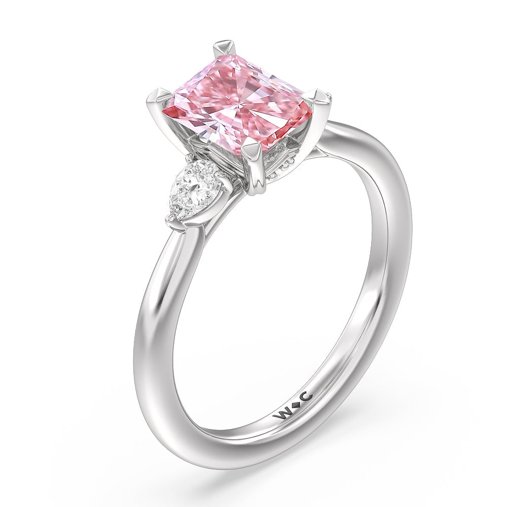 Radiant Cut Fancy Pink Fine Line 3 Stone Pear Engagement Ring with Lab Grown Diamond in 14KT Platinum view 3
