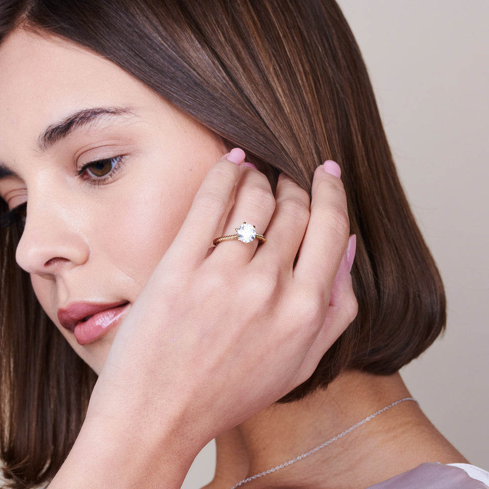 Model Wearing 6 Claw Rope Fine Line Engagement Ring view