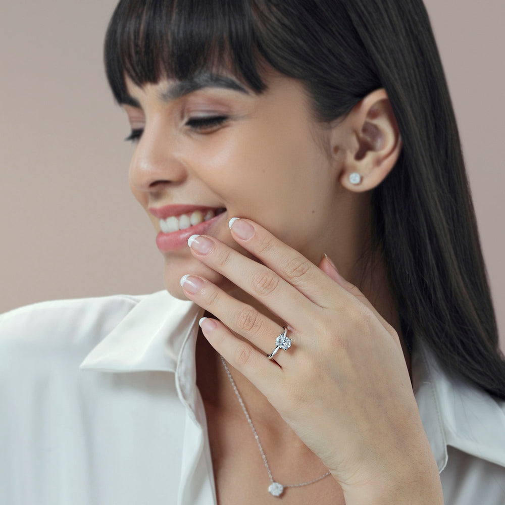Model Wearing Contour Four Prong Solitaire Engagement Ring view