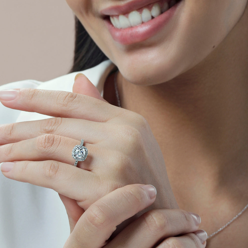 Model Wearing Pave Halo and Shank Engagement Ring with Lab Grown Diamond view