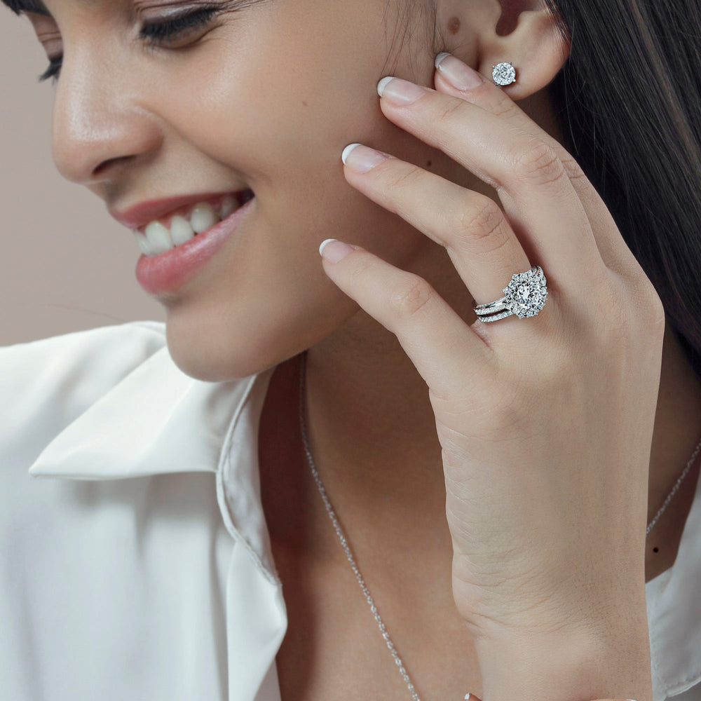 Model Wearing Hydrangea Bloom Halo Engagement Ring with Lab Grown Diamond view
