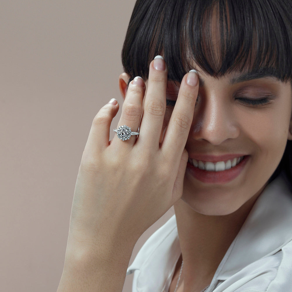Model Wearing Hydrangea Bloom Halo Engagement Ring with Lab Grown Diamond view