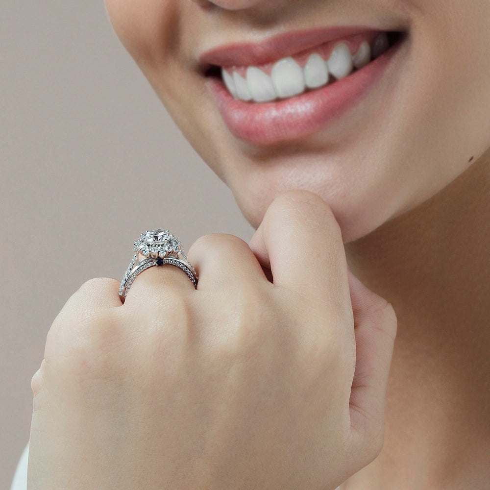 Model Wearing Hydrangea Bloom Halo Engagement Ring with Lab Grown Diamond view