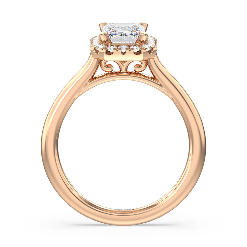 Cathedral Halo Engagement Ring with Emerald Cut Diamond in 14KT Rose Gold view 2
