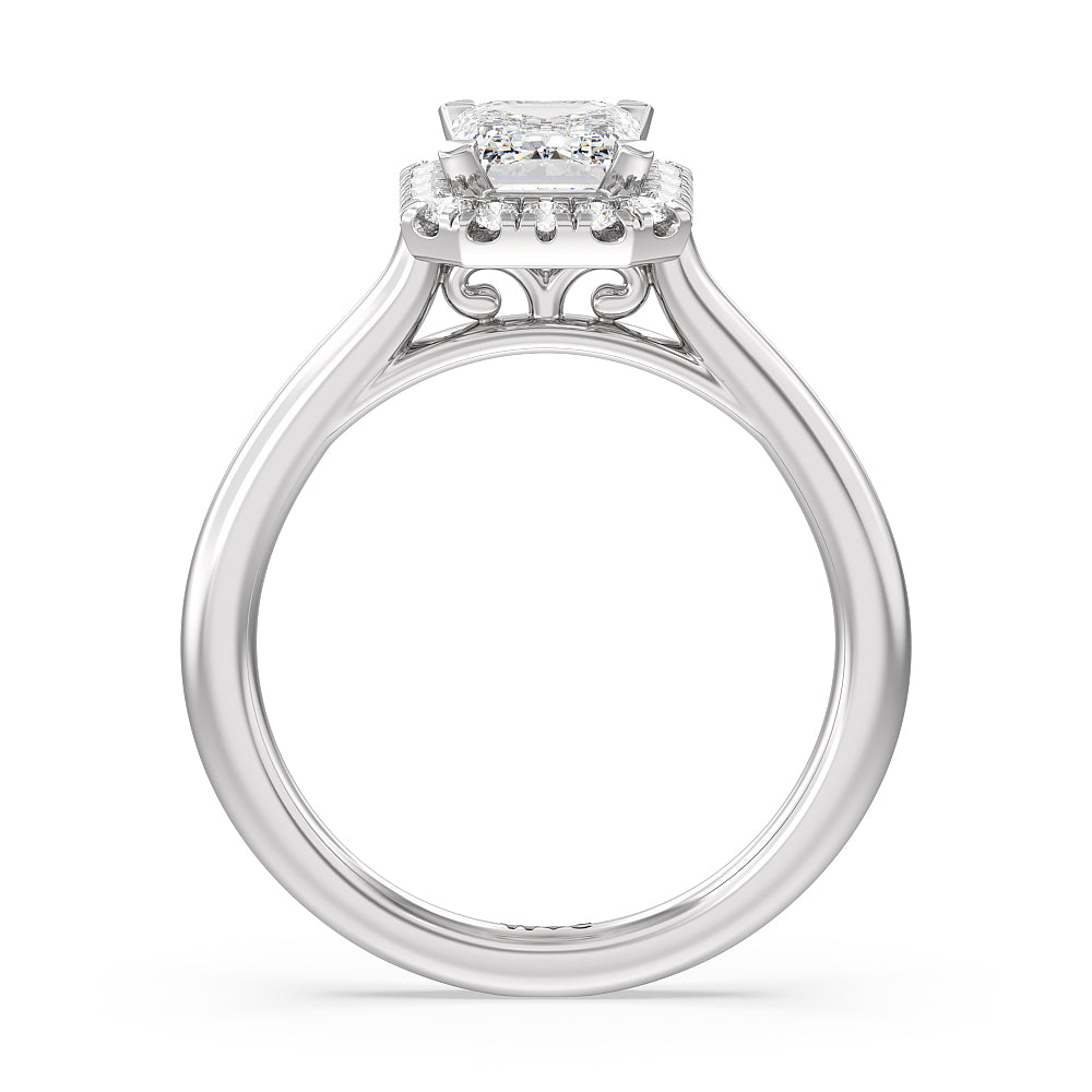 Cathedral Halo Engagement Ring with Emerald Cut Diamond in 14KT Platinum view 2
