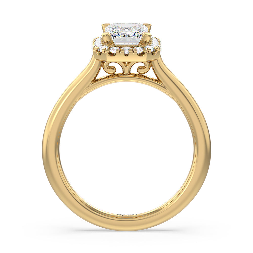 Cathedral Halo Engagement Ring with Emerald Cut Diamond in 14KT Yellow Gold view 2
