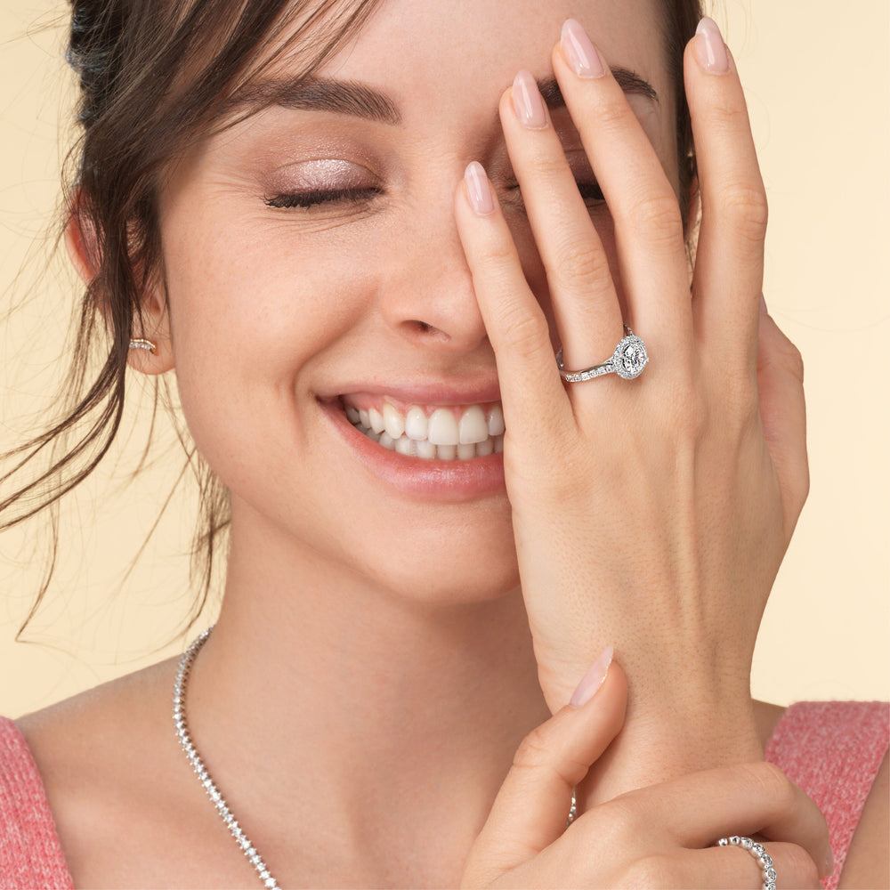 Model Wearing Fancy Pink Contemporary Halo Engagement Ring with Lab Grown Diamond view