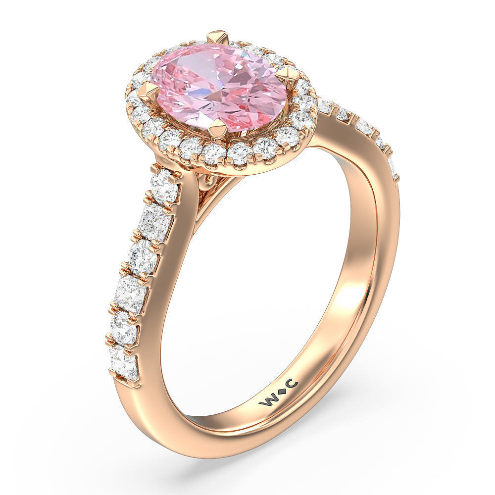 Oval Cut Fancy Pink Contemporary Halo Engagement Ring with Lab Grown Diamond in 14KT Rose Gold view 3
