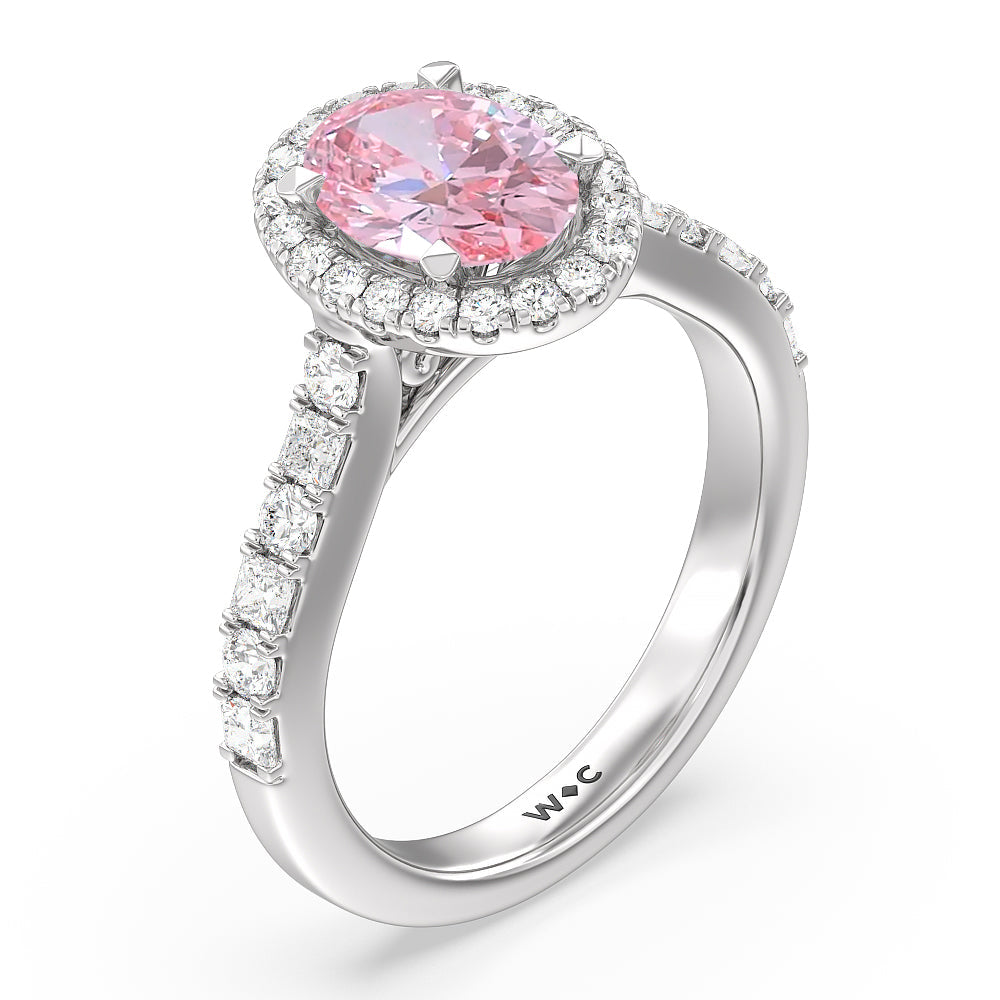 Oval Cut Fancy Pink Contemporary Halo Engagement Ring with Lab Grown Diamond in 14KT Platinum view 3
