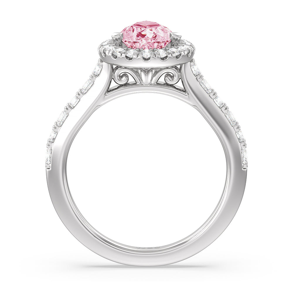 Pear Cut Fancy Pink Contemporary Halo Engagement Ring with Lab Grown Diamond in 14KT Platinum view 2
