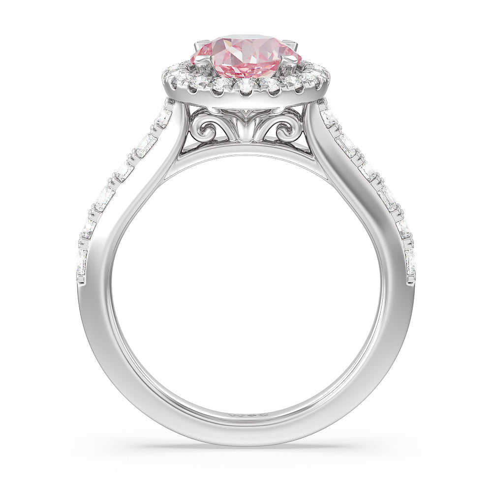 Round Cut Fancy Pink Contemporary Halo Engagement Ring with Lab Grown Diamond in 14KT Platinum view 2
