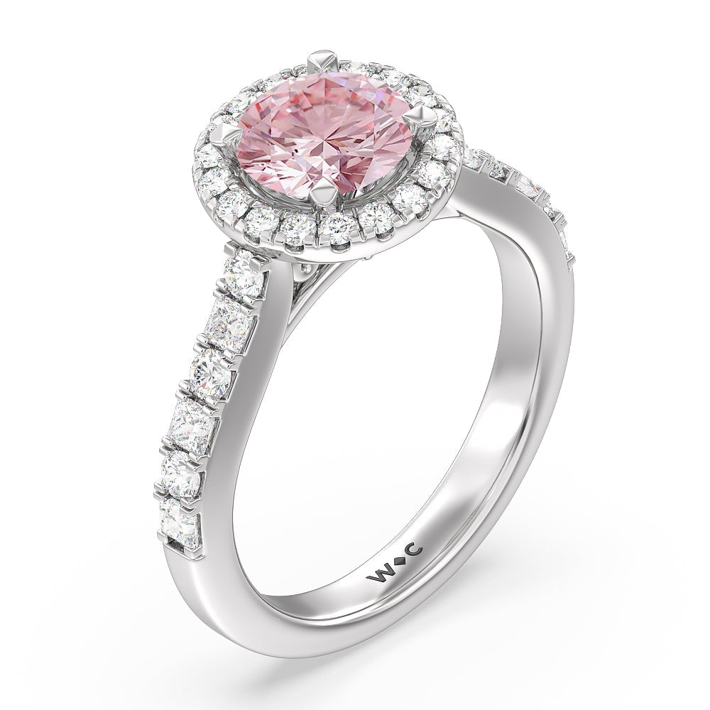 Round Cut Fancy Pink Contemporary Halo Engagement Ring with Lab Grown Diamond in 14KT Platinum view 3

