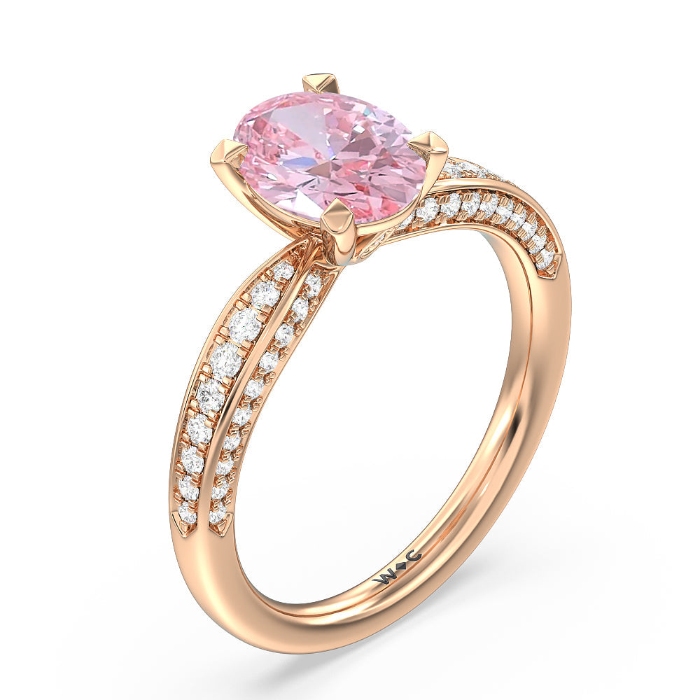 Oval Cut Fancy Pink Aura Hidden Accent Pinched Shank Engagement Ring with Lab Grown Diamond in 14KT Rose Gold view 3
