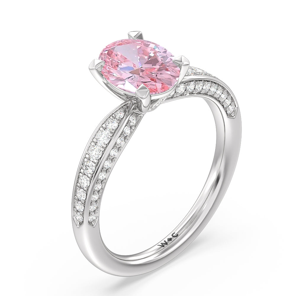 Oval Cut Fancy Pink Aura Hidden Accent Pinched Shank Engagement Ring with Lab Grown Diamond in 14KT Platinum view 3
