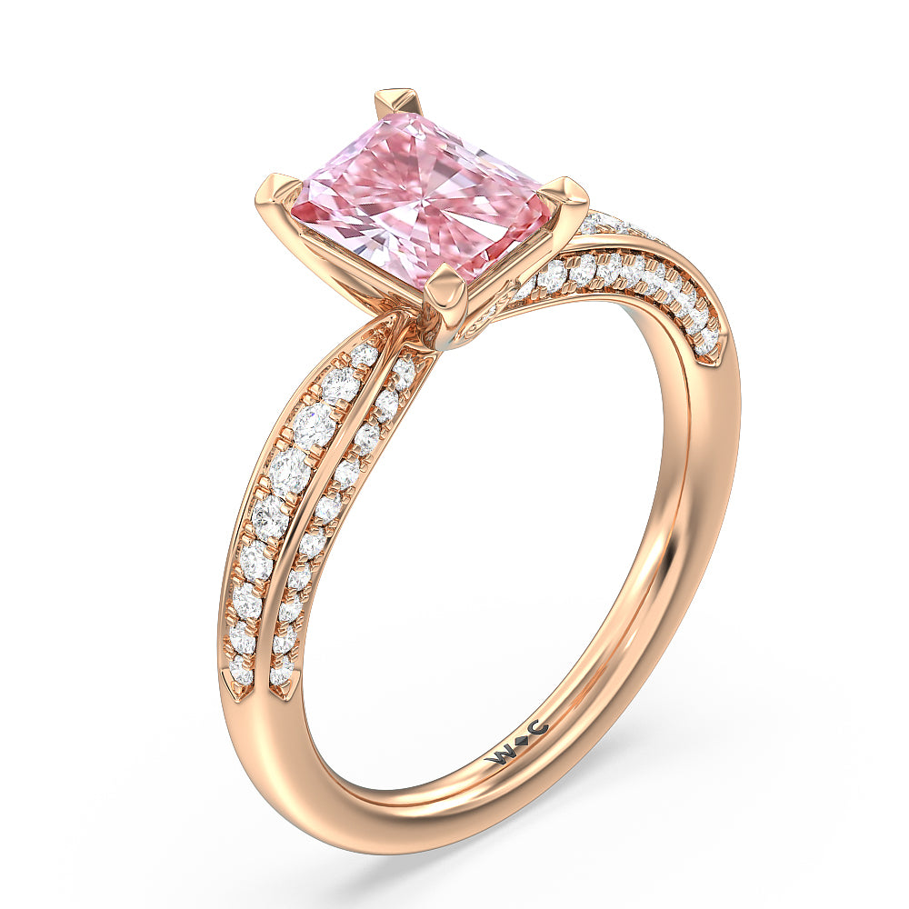 Radiant Cut Fancy Pink Aura Hidden Accent Pinched Shank Engagement Ring with Lab Grown Diamond in 14KT Rose Gold view 3

