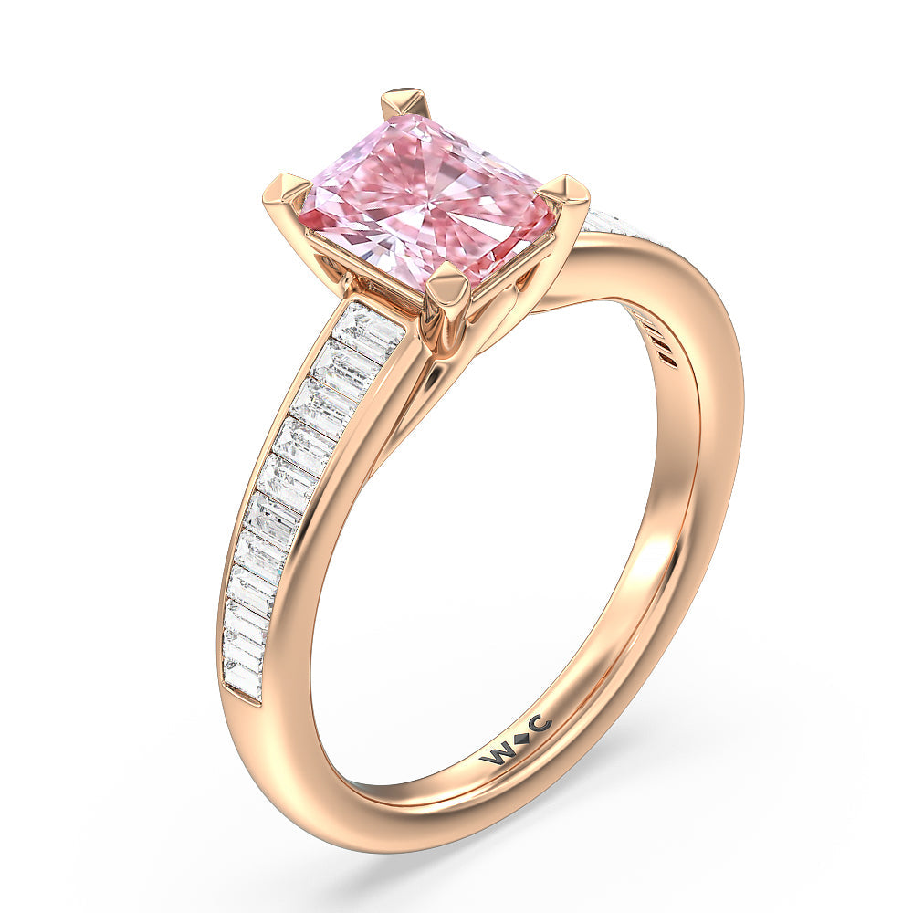 Radiant Cut Fancy Pink Elegant Channel Set Baguettes Diamond Engagement Ring with Lab Grown Diamond in 14KT Rose Gold view 3
