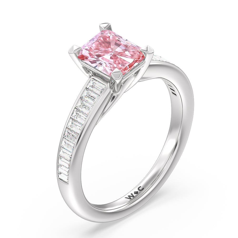Radiant Cut Fancy Pink Elegant Channel Set Baguettes Diamond Engagement Ring with Lab Grown Diamond in 14KT Platinum view 3
