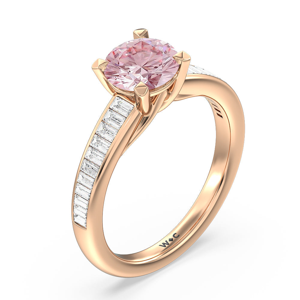 Round Cut Fancy Pink Elegant Channel Set Baguettes Diamond Engagement Ring with Lab Grown Diamond in 14KT Rose Gold view 3
