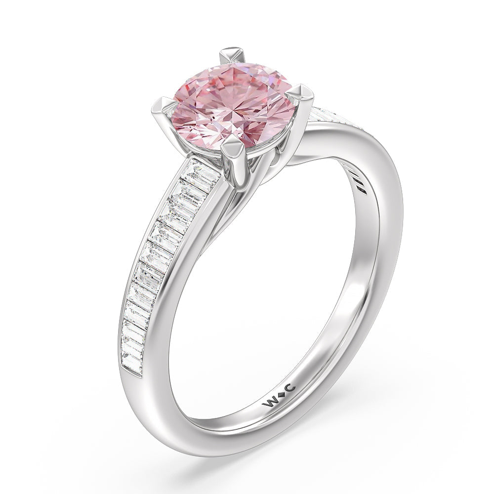 Round Cut Fancy Pink Elegant Channel Set Baguettes Diamond Engagement Ring with Lab Grown Diamond in 14KT Platinum view 3
