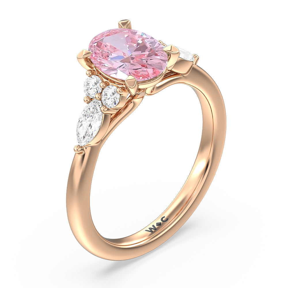 Oval Cut Fancy Pink Trio Cluster Engagement Ring with Lab Grown Diamond in 14KT Rose Gold view 3
