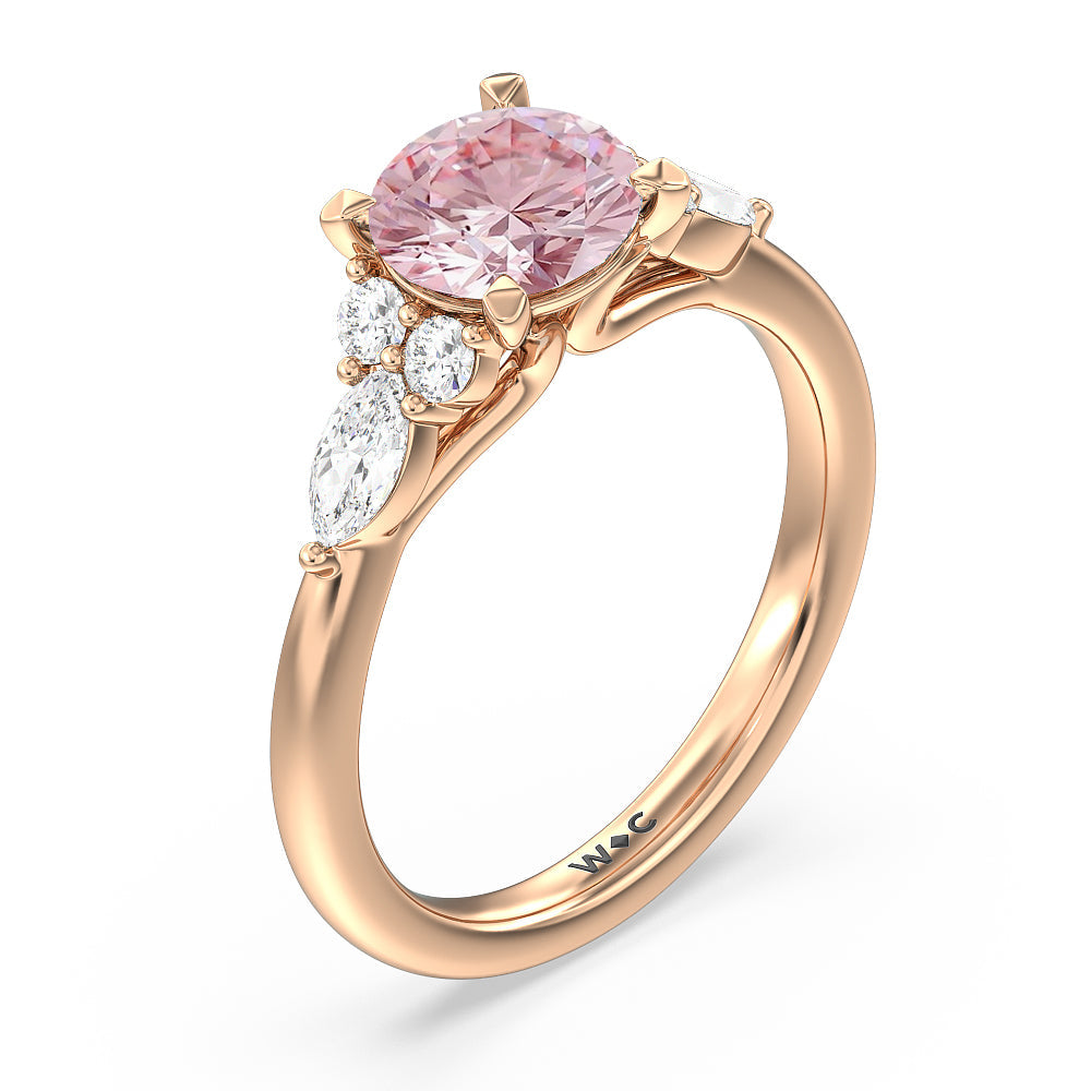 Round Cut Fancy Pink Trio Cluster Engagement Ring with Lab Grown Diamond in 14KT Rose Gold view 3
