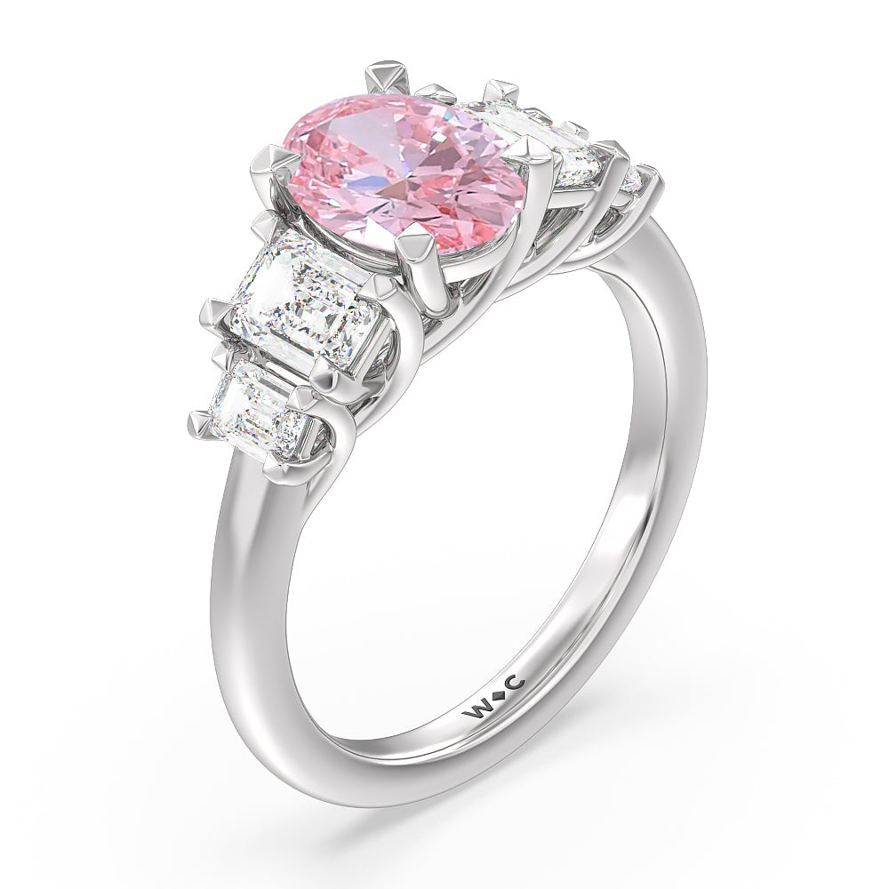 Oval Cut Fancy Pink Trellis Side Stone Engagement Ring with Lab Grown Diamond in 14KT Platinum view 3
