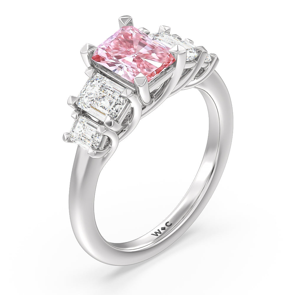 Radiant Cut Fancy Pink Trellis Side Stone Engagement Ring with Lab Grown Diamond in 14KT Platinum view 3
