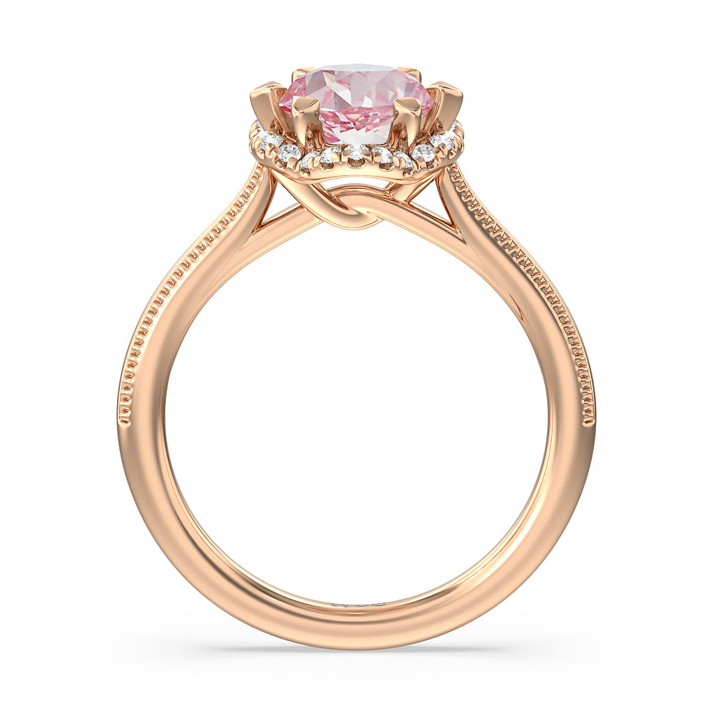 Oval Cut Fancy Pink Floral Halo Cathedral Engagement Ring with Lab Grown Diamond in 14KT Rose Gold view 2
