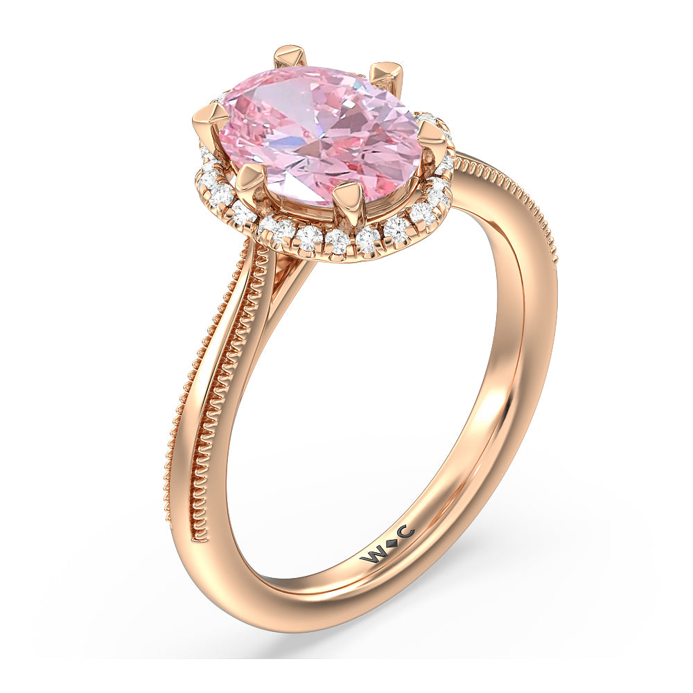 Oval Cut Fancy Pink Floral Halo Cathedral Engagement Ring with Lab Grown Diamond in 14KT Rose Gold view 3
